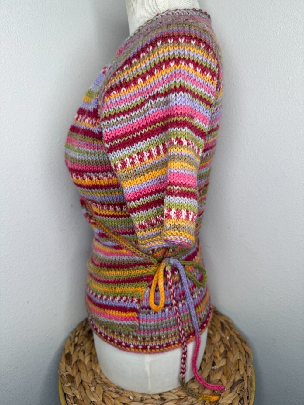 Handmade Knit Multi Color Wrap Short Sleeve Sweater Top V Neck Tie Closure - Picture 3 of 5